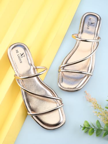 Image of XE Looks Women's Metallic Strappy Flat Sandals with Square Toe | Cushioned Footbed | Comfortable Lightweight Stylish Slip-On Open Toe Flats for Girls & Women