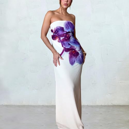 Image of Women Y2k Strapless Maxi Dress Summer Backless Floral Long Tube Dress Off Shoulder Cocktail Party Dress