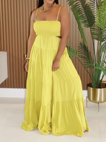 Image of WXN Womens Spaghetti Strap Sundress Casual Summer Long Maxi Dress Smocked A Line Swing Cocktail Party Vacation Dresses