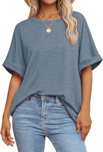 GKBK Womens Oversized T Shirts Crew Neck Short Sleeve Tops Spring Summer Business Dressy Casual Loose Fit Workout Work Basic Tee Shirt 2026 Beach Vacation Trendy Fashion Clothes Outfit Grey-Blue S