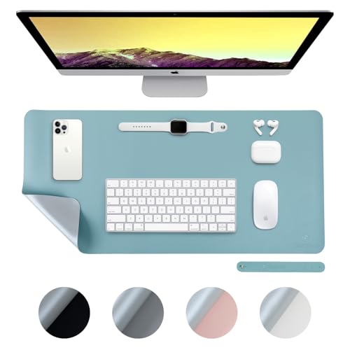 DesireTech Wendbare Schreibtischunterlage, doppelseitig, wasserdicht, Kunstleder, Tischoberflächenschutz, Laptop-Matte und Mauspad für Zuhause und Büro, 40 x 80 cm (Blau/Silber)