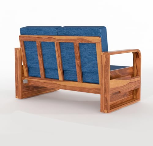 Image of Solid Sheesham Wooden 4 Seater Sofa Set for Living Room | Sofa Set with Side Pocket Storage & Cushion | Rosewood Sofa Set for Home (Honey with Blue Cushion, 4 Seater)