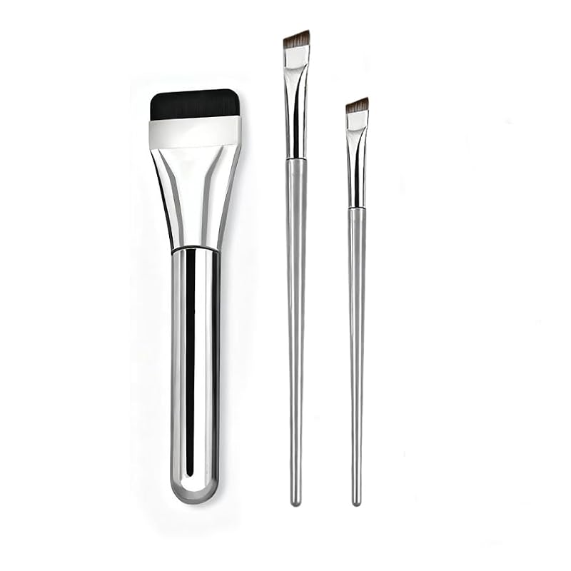Professional Makeup Brush Set, 3-Piece Silver Handle Cosmetic Brushes with Angled Tips (Bright silver one-character brush)