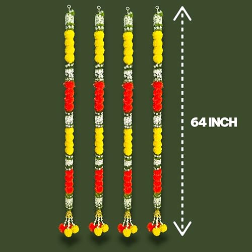 Image of iHandikart Pack of 2 Artificial Multicolor Marigold Garlands with Jasmine & Daisy Leaves (64 Inch) - Premium Floral Strings for Pooja, Temple, Wedding Backdrop, Diwali, Haldi & Mehandi Home Decor