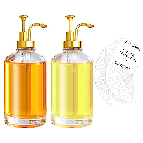 Ticeed 2 Pcs Kaffee Glas Sirup Set 500Ml Kaffeesirup Pumpspender Essig und Ölflaschen Set mit 40 Aufkleber Trichter Spenderflaschen Olivenöl Flasche Spender für Coffee Bar Küche (Gold)