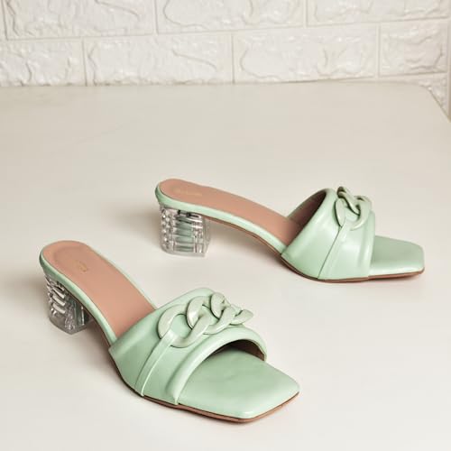 Image of Women's Slip On-On Heeled Sandals with Transparent Block Heels & Decorative Chain Strap Signora103| Fashionable Summer Slides Trendy Chain Strap Signora103