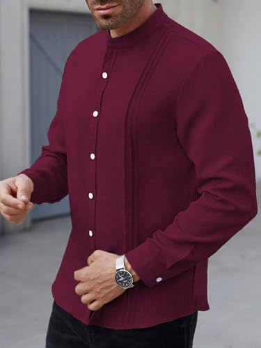 Image of TAGDO Men's Mandarin Collar with Button-Down Shirts | Full Sleeve Linen Casual Shirt for Man | Stylish Summer - Regular Fit Office, Party (2047)