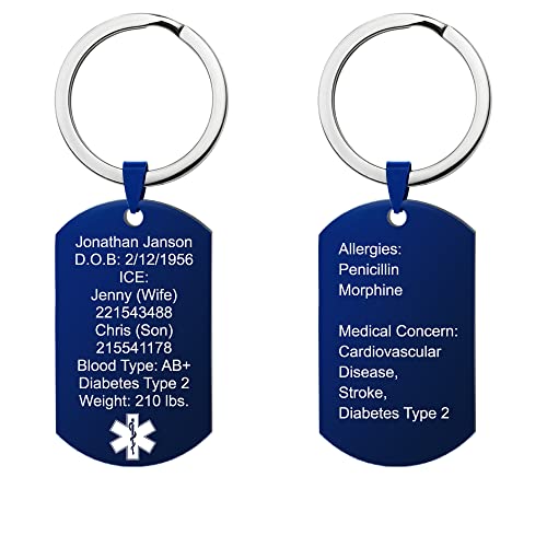 Qina C. Personalized Medical Alert Id Identification Med Emergency Engraved Stainless Steel Custom Dog Tag Military Pendant Keychain for Teen Women Men Granddad Allergy