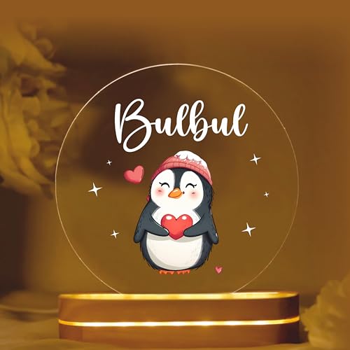 Image of PRINTHUA Personalized LED Night Table Lamp with Custom Name, Unique Gift for Women, Men, Kids, Girlfriend, Boyfriend, Husband, Wife | Perfect for Birthdays & Special Occasions (Cute Penguin)