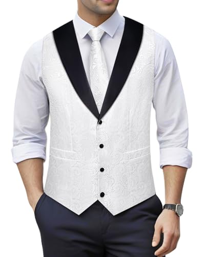 Image of DiBanGu Mens Paisley Suit Vest Silk Jacquard Waistcoat and Necktie Set Formal Shawl Collar Dress Vest 7PCS for Wedding Party