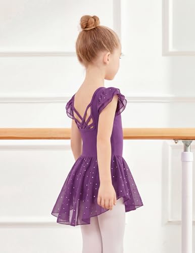 Image of Arshiner Girls Shiny Ruffle Sleeve Ballet Leotard with Skirt Criss-Cross Back Dance Dresses