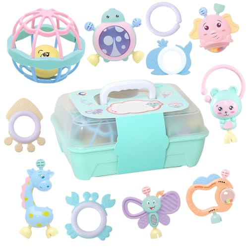 11 PCS Baby Rassel, Rasseln Beißring Set mit Aufbewahrungsbox, Greifling Baby, Neugeborenen Spielzeug, Sensorik Spielzeug ab 0-12 Monate Montessori Spielzeug Geschenk für Jungen und Mädchen