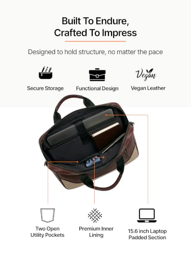 Image of Vegan Leather Laptop Messenger Bag for Men & Women | 15.6 Inch Office Shoulder Bag with Padded Laptop Compartment Multi-Pocket Work Satchel Adjustable Strap Business Bag | Alls