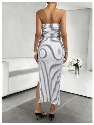 MakeMeChic Women's 2 Piece Outfits Striped Print Tie Side Bandeau Tops and Bodyon Midi Skirt Set2