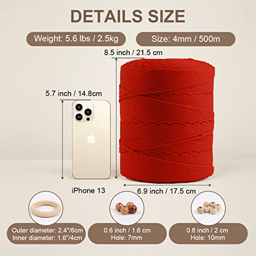 Image of ZUEXT Macrame Cord, Red, 4mm x 547yds Cotton String Macrame Yarn