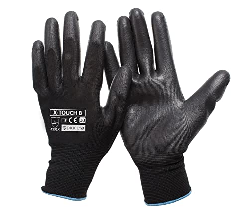 PROCERA Schutzhandschuhe X-TOUCH BLACK/WHITE Arbeitshandschuhe für Mechaniker Arbeitshandschuhe für Maler Gartenhandschuhe Komfortable Polyurethan-Handschuhe (Schwarz, 11 (12 Paar))