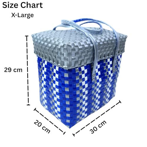 Image of Hand Made Multipurpose Plastic Basket with Lid | Eco-Friendly, Washable, Rust-Free Storage Basket for Kitchen, Picnic, Toys, Travel, Office | Lightweight basket (Blue with Grey, XL)
