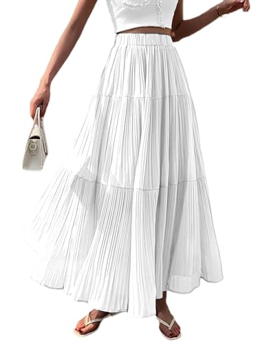 Mieazom Women's Maxi Tulle Skirts Elegant Tiered A-Line Flowy Long Skirt Fashion Elastic High Waisted Fall Winter Dress White L