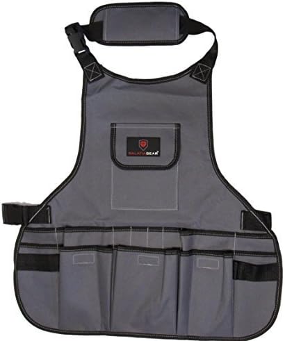 Tool and Utility Full Size Apron- Waterproof 600D Polyester Material, Adjustable Neck and Waist Strap, Gray/Black
