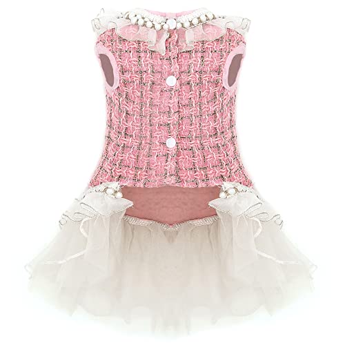 Elegant Dog Plaid Tulle Dress Puppy Skirts Cat Outfits Pet Winter Apparel Clothes For Small Medium Dogs Girl Costume Doggie Birthday Wedding Party Gown (Pink, S) #TOP1