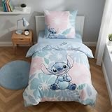 Disney Stitch Bettwäsche 135x200 cm & Kissenbezug 80x80 cm – Wendebettwäsche Blau Rosa mit Hibiskus – Kuschelige Kinderbettwäsche Baumwolle & Polyester – Lilo & Stitch Geschenk für Mädchen & Junge