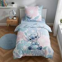 Disney Stitch Bettwäsche 135x200 cm & Kissenbezug 80x80 cm – Wendebettwäsche Blau Rosa mit Hibiskus – Kuschelige Kinderbettwäsche Baumwolle & Polyester – Lilo & Stitch Geschenk für Mädchen & Junge
