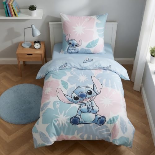 Disney Stitch Bettwäsche 135x200 cm & Kissenbezug 80x80 cm – Wendebettwäsche Blau Rosa mit Hibiskus – Kuschelige Kinderbettwäsche Baumwolle & Polyester – Lilo & Stitch Geschenk für Mädchen & Junge