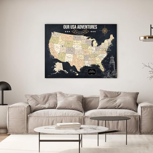 Image of IPIC - Vintage USA Travel Map, Pin Board Canvas Wall Art, Travel Map with Pins Included, Ready to Hang for Home or Office, 40x30 Inch