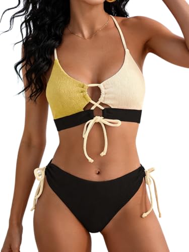 Image of B2prity Tie Bikini Top Set Sexy Push Up 2 Piece Swimsuit Color Block Bathing Suit Full Coverage Swimwear for Curvy Women