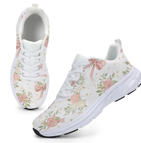 DSWED Women Shoes Sneaker Floral Bow Print Fashion Sneakers for Women Lightweight Breathable Running Shoes Casual Walking Shoes Comfortable Non Slip Athletic Gym Daily Shoes Size 8.5