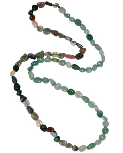 Xfoxstal Green Aventurine/Indian Agate Long Necklaces for Women Handmade Tumbled Crystals Beaded Necklace Reiki Energy Jewelry