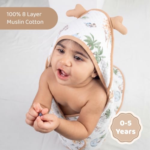 Image of haus & kinder Baby Hooded Wrapper for Newborn | 8 Layer Muslin Cotton Hooded Towel & Blanket with a Belt | Baby Towels for Infants & Toddler | 90 x 90 cm | Wildlands | 0-12 Months