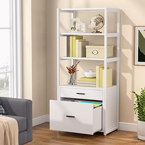Tribesigns Bookcase Bookshelf, 4-Tier Modern File Cabinet with 2 Drawers, Lateral Filing Cabinet accommodate Legal/Letter / A4 Size for Home Office Organizer