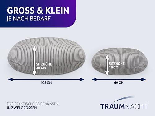 Traumnacht Cozy Bodenkissen aus gemütlichem Cord-Bezug, steingrau, rund mit 105cm Durchmesser und 25cm hoch, 3.260g Füllgewicht, produziert nach deutschem Qualitätsstandard