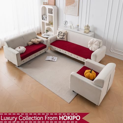 Image of HOKIPO 'Serenity Tassel' Chenille 3 Seater Sofa Cover with Tassel - Crimson Ruby (IN-892-MRN)