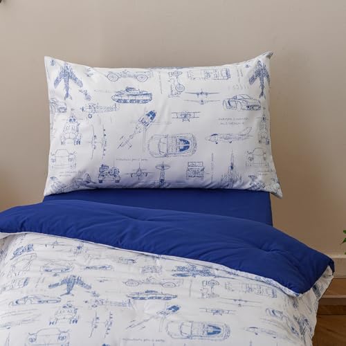 Image of Luxlovery Toddler Comforter Set Cartoon Aircraft Vehicles Printed Kids Children's Blanket White Blue Bed Set for Dorm 4 Pieces (1 Comforter, 1 Flat Sheet, 1 Fitted Sheet, 1 Pillowcase)