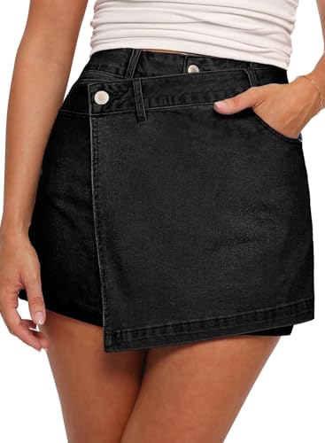 Sidefeel Skorts for Woman Jean Skirt High Waisted Wrap Stretchy Denim Skirt with Shorts Black Size 16