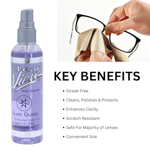 Glare Guard Clear View Lens Cleaner with Microfiber Cloth, Anti-Streak Glasses Cleaner Spray, Pro-Grade Eyeglass & Sunglass Cleaner, Alcohol-Free Screen & Camera Lens Solution, Smudge-Free, 4oz