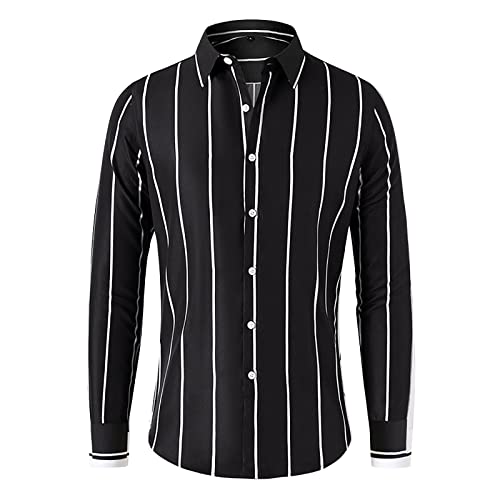 Munweiyu Camisa de manga larga para hombre, moda, informal, informal, clásica, solapa a rayas, transpirable, camisa de traje, camisa de vestir, camisa para el tiempo libre, estampada, a rayas, camisas