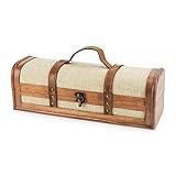 Twine Vintage Trunk Wine Bottle Gift Box, Wood Wine Box with Lid and Handle, Wood, Faux Leather, Brass, Cloth, Holds 1 Bottle