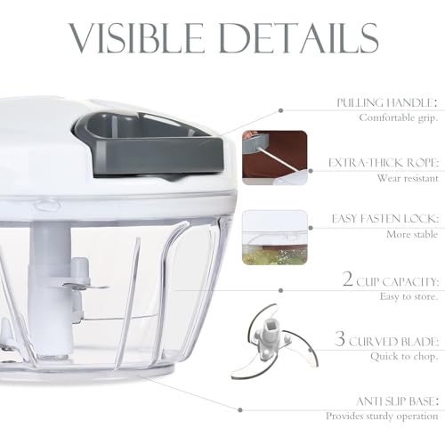 Image of Ourokhome Manual Food Processor Vegetable Chopper, Portable Hand Pull String Garlic Mincer Onion Cutter for Veggies, Ginger, Fruits, Nuts, Herbs, etc., 500ml, White