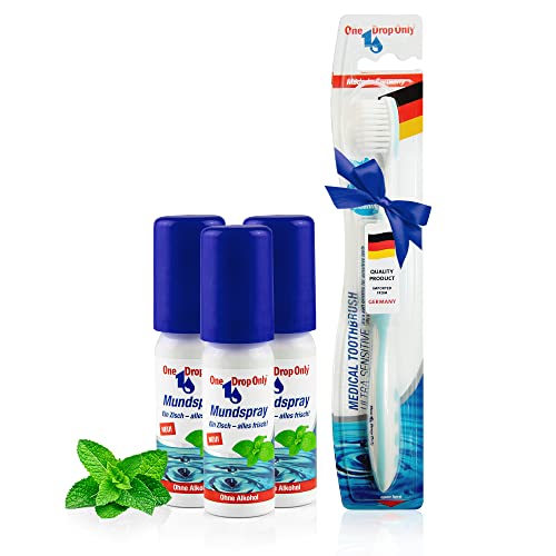 One Drop Only antibakterielles Mundspray - 3er Pack - Mundspray ohne Alkohol mit natürlichen Inhaltsstoffen für frischen Atem - 3er Pack plus extra Zahnbürste ON TOP Cover