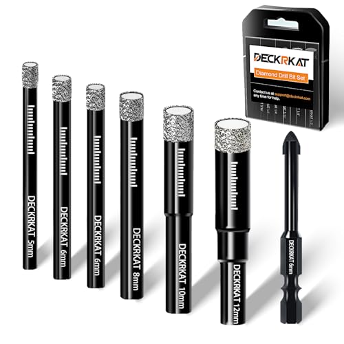 DECKRKAT 7-Piece Dry Diamond Drill Bits & Carbide Tile Drill Bit Set for Tile Ceramic Marble Porcelain Glass & Granite- 5mm 6mm(x2) 8mm 10mm 12mm + 6mm Masonry Bit.
