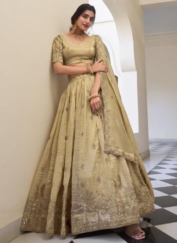 Image of JIHU CULTURE Beige Silk Thread Sequence Embroidery Work Semi-Sttiched Lehenga Choli Set For Women
