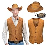 KAIPUTE Western Cowboy Costume Men's Vest Hat Belt for Adult Halloween Party Cosplay Yellow