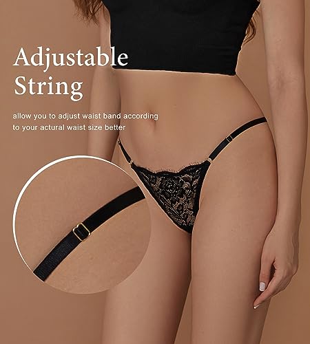 Image of SHARICCA Lace G-String Thongs for Women Adjustable Sexy Low Rise Underwear Breathable T-back Thongs Panties 3 Pack