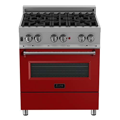 ZLINE 30 in. 4.0 cu. ft. Legacy Dual Fuel Range with 4 Burner Gas Cooktop and Electric Convection Oven in Satin Stainless Steel and Red Matte Door (RAS-RM-30)
