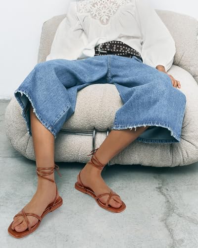 Strappy Flats Sandals for Women Summer Gladiator Lace Up Flat Sandals Open Square Toe Casual Beach Slides Sandals3