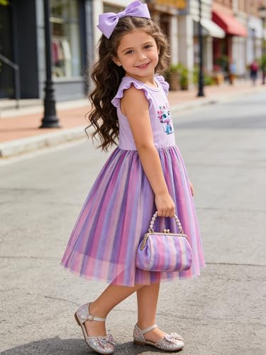 Vieille 4T Rainbow Dress 5T Girls Cat Dresses Flutter Sleeve Purple Back to School Outfits — view 4