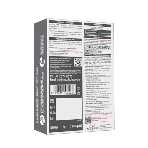 Image of MuscleBlaze Micronised Creatine Monohydrate CreAMP Powder, 7 Sachets | Citrus Blast | Trustified Certified Creatine